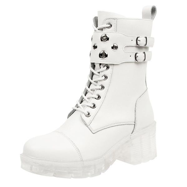 

boots 2021 women side zipper ankle footwear retro lady booties belt buckle clear heel genuine leather boot motorcycle, Black