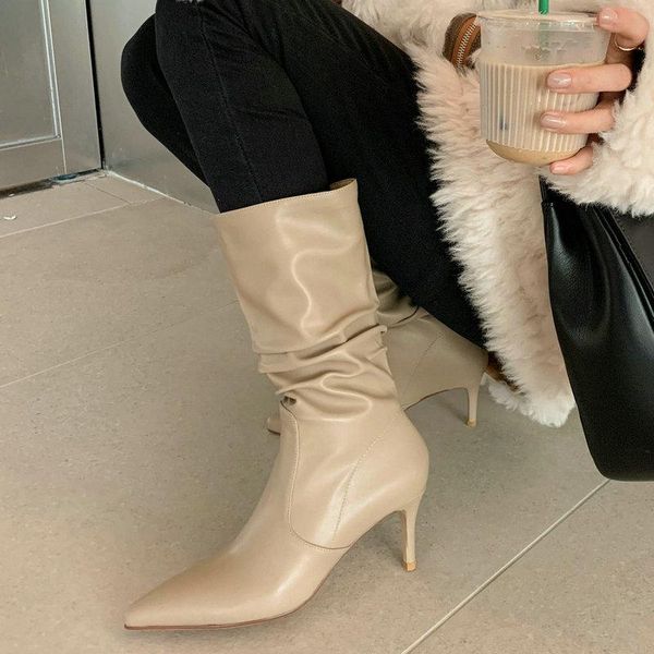 

boots genuine leather pointed toe thin heel calf women fashion flods long ladies party dress high heels mid-calf, Black