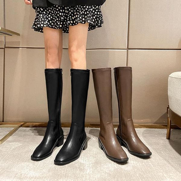 

boots square toe knee-high knight 2021 high heel retro women shoes spring autumn solid female fashion zipper ladies botas, Black
