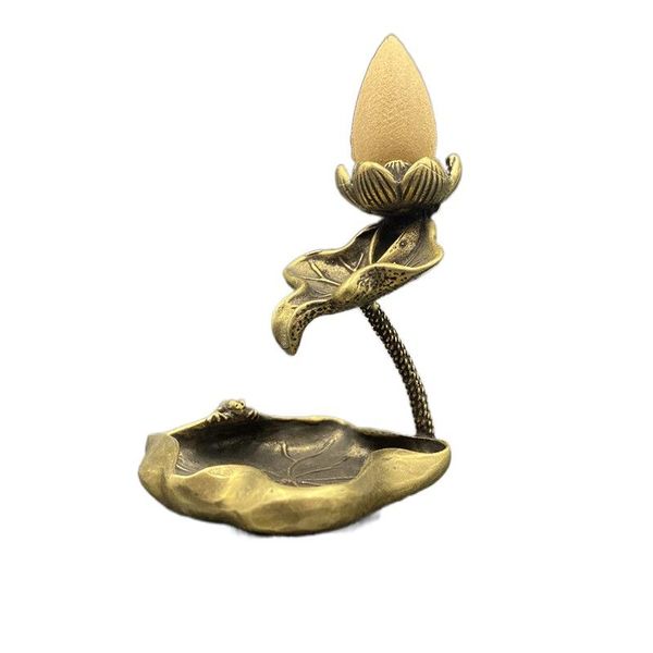 

solid lotus leaf backflow incense ornaments brass frog zen holder burner with 10pcs cones home decore fragrance lamps