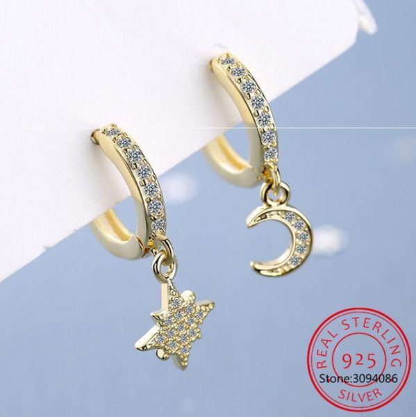 

hoop & huggie 925 sterling silver shiny cz star moon asymmetric earrings for women girls gold color party jewelry gifts s-e1360, Golden;silver