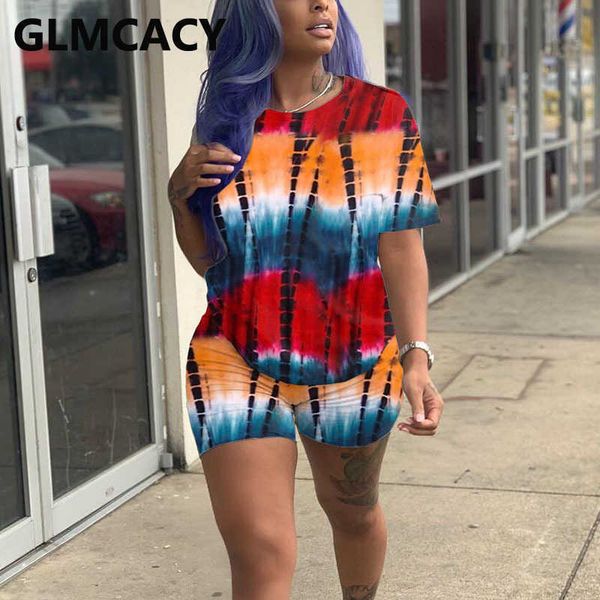 

2 pieces sets women tie dye printed o-neck t-shirt & bodycon shorts 210702, White