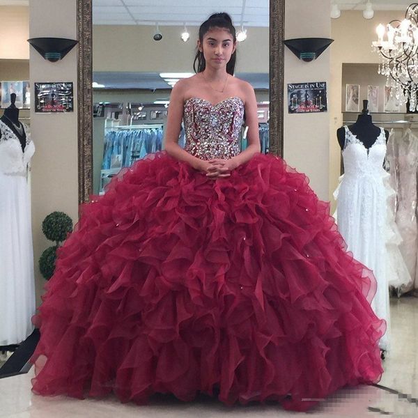 Без бретелек возлюбленная органза Quinceanera платье сатин из бисера боргундия бордовый мяч платья вечернее платье фуксия платья халат де зири