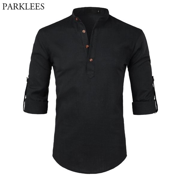 

black cotton linen shirt men autumn rolled up sleeve mens casual dress shirts slim fit henley shirt male chemise homme 210708, White;black