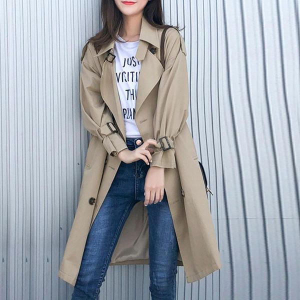 

women's trench coats autumn casual coat oversize double breasted vintage washed outwear plus size business loose clothing, Tan;black