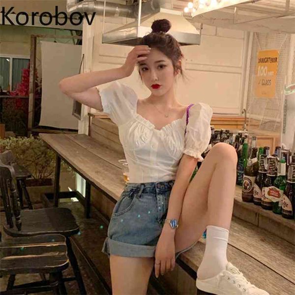 

korobov retro square collar puff short sleeve white blouse women open collarbone short blusas elegant shirt summer 210430