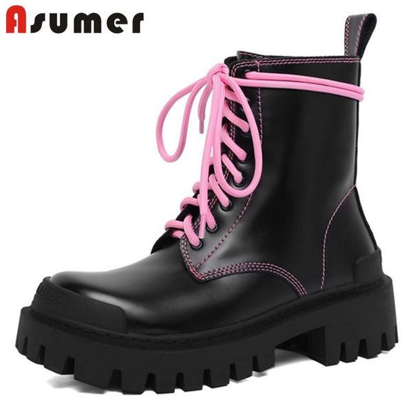

boots asumer 2021 arrive thick bottom square heel casual shoes women ankle lace up fashion genuine leather pink, Black