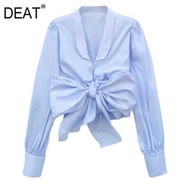 

[deat] summer new fashion tide chic solid color v-neck long sleeve bow temperament elegant women shirt 13q083 210430, White