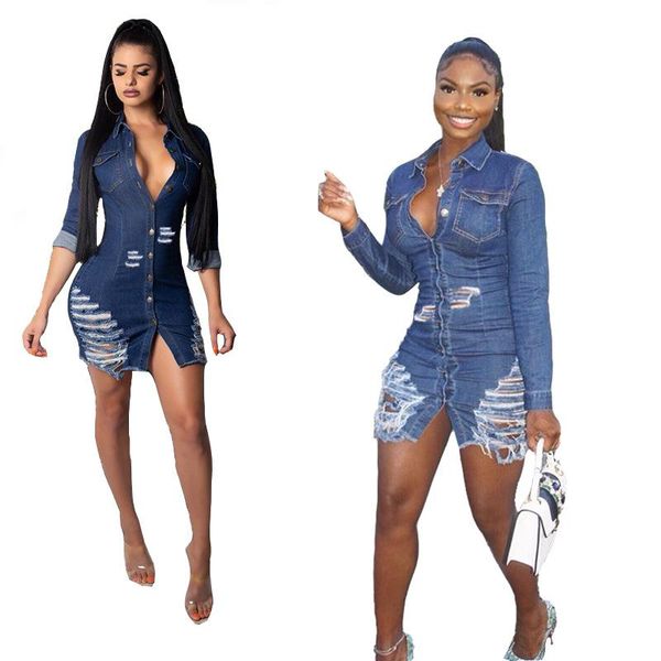 

casual dresses 2021 autumn winter high waist full sleeve denim hole women fashion bodycon bandage club night dress, Black;gray