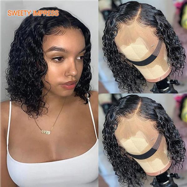 

lace wigs sweety impress short deep curly wave bob human hair 13x4x1 frontal closure front, Black;brown