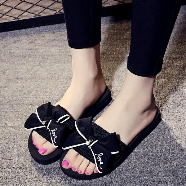 

slippers sandals female seaside women summer manual bow tie word non-slip beach shoes, Black