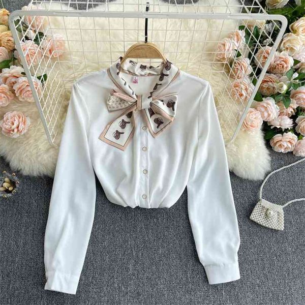 

spring ladies blouse women's temperament silk scarf collar blusa slim all-match shirt gk508 210507, White