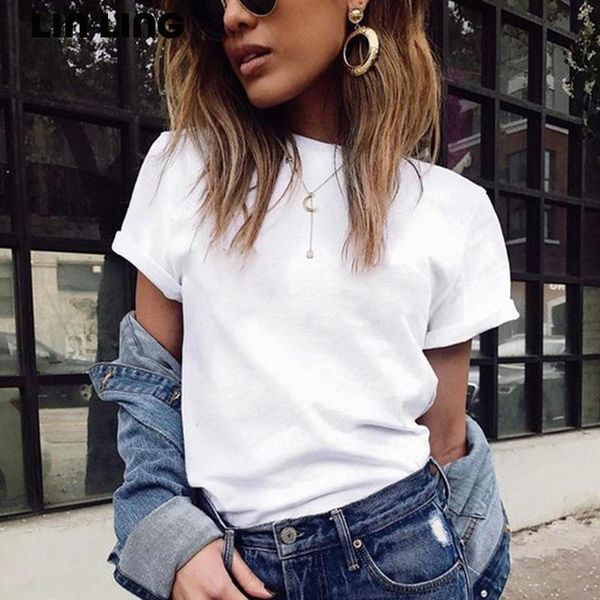 

harajuku summer shirt women t o neck plus size solid short sleeve korean style 2021 female clothes drop women's t-shirt, White
