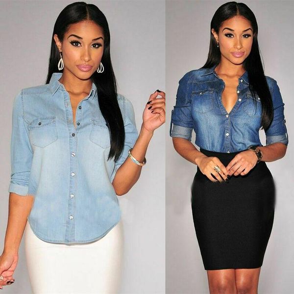 

women retro blue jean soft denim button long sleeve casual ladies classic fitted tunic shirt blouse jacket coat women's blouses & shir, White