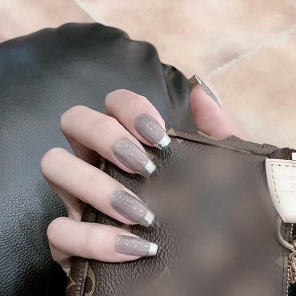 

24pcs natural false nails silver french detachable gauze manicure patch fake with designs1, Red;gold