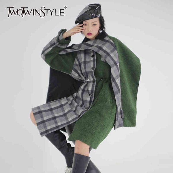 

twotwinstyle casual patchwork plaid cloak coat for women lapel long sleeve hit color coats female fashion clothing autumn 210517, Black