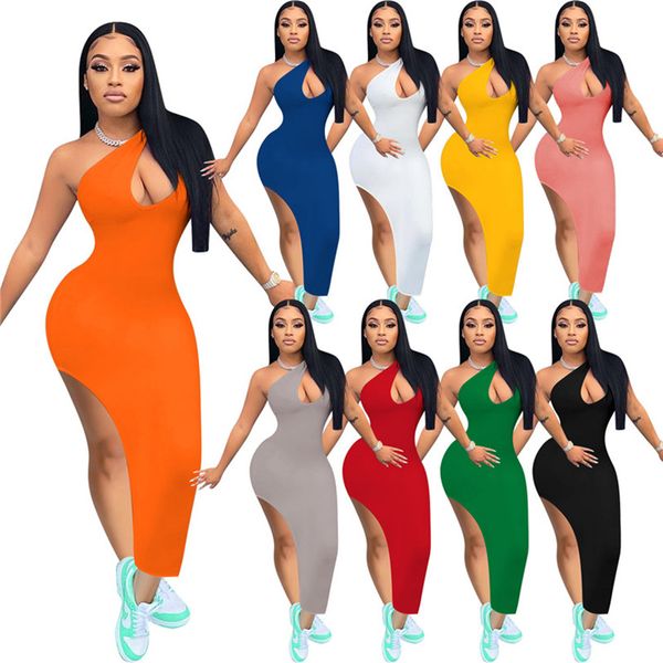 

women dresses one-shoulder sleeveless solid color clothing summer s-2xl split party long dress clubwear casual clothes 5194, White;black