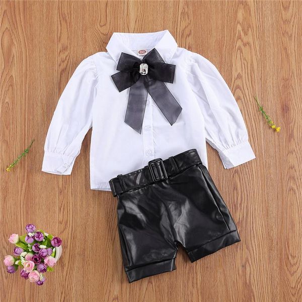 

pcs girl's casual suit, lapel long sleeve button bow shirt, fashion solid color loose leather short pants,2021 clothing sets, White