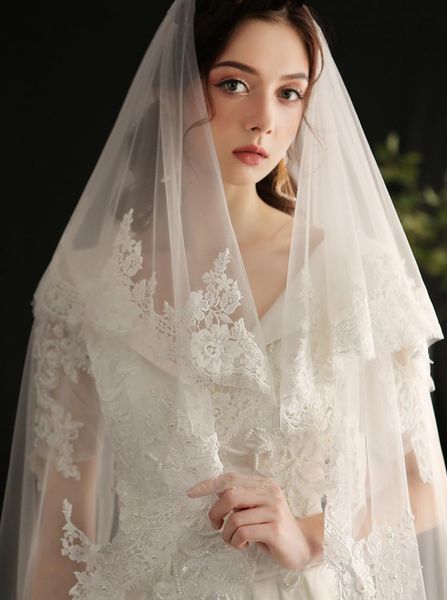 

bridal veils two layers wedding veil with comb lace edge long cathedral marriage accessories, Black