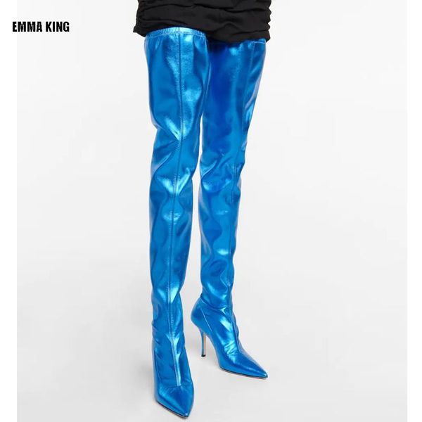 

boots 2021 women high knee women's over-the-knee thigh female thin heels blue for, Black
