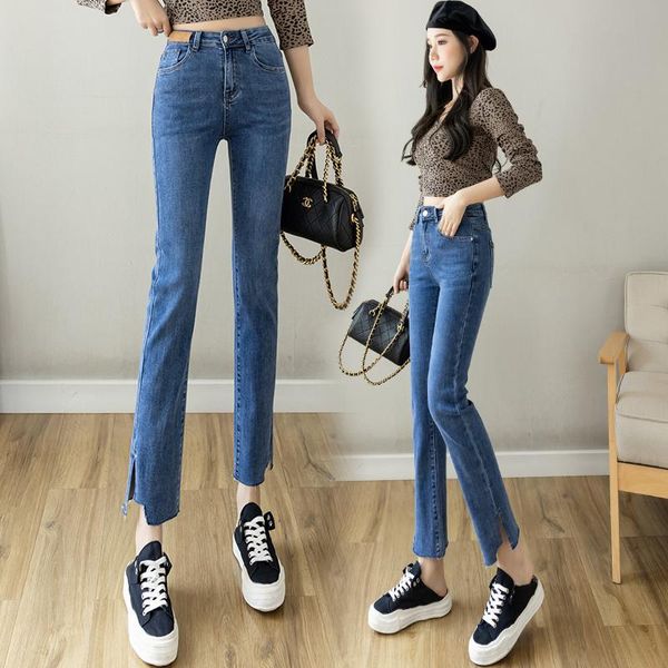 

women's jeans 145com petite 2021 elastic high waist slim side split nine point straight pants, Blue
