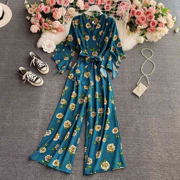 

women's jumpsuits & rompers fashion elegant retro flared sleeves waist printed ruffles romper women jumpsuit fashion wide-leg stra, Black;white