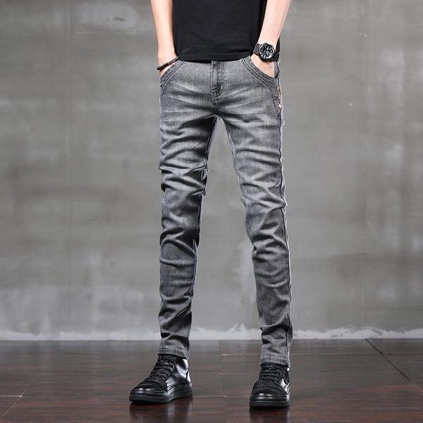 

korean style slim fit men's stretch denim pencil pants spring and autumn male casual straight cowboy trousers black skinny jeans, Blue
