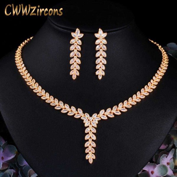 

leaf shape dangle drop party earring and necklace african nigerian cz gold color wedding jewelry set for brides t488 210714, Silver