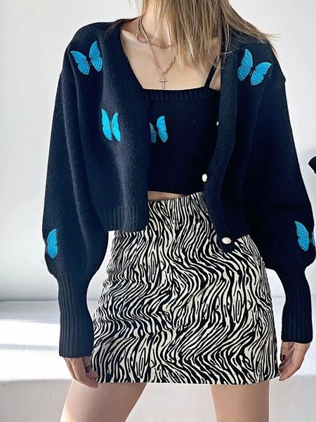 

women's knits & tees autumn winter short sweater women butterfly embroidery lantern sleeve polyester knitted cardigan casual jacket, White