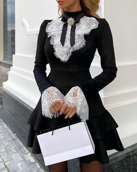 

fashion elegant long sleeve womens dresses lace bell ruffle ol classic romantic patchwork mini, Black;gray