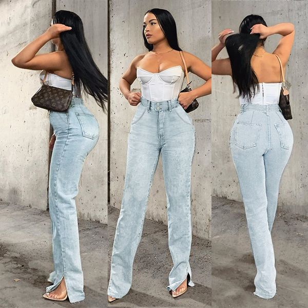

jean women high-waist casual spring and autumn fashion washed distressed denim pants office lady solid color straight jeans, Blue