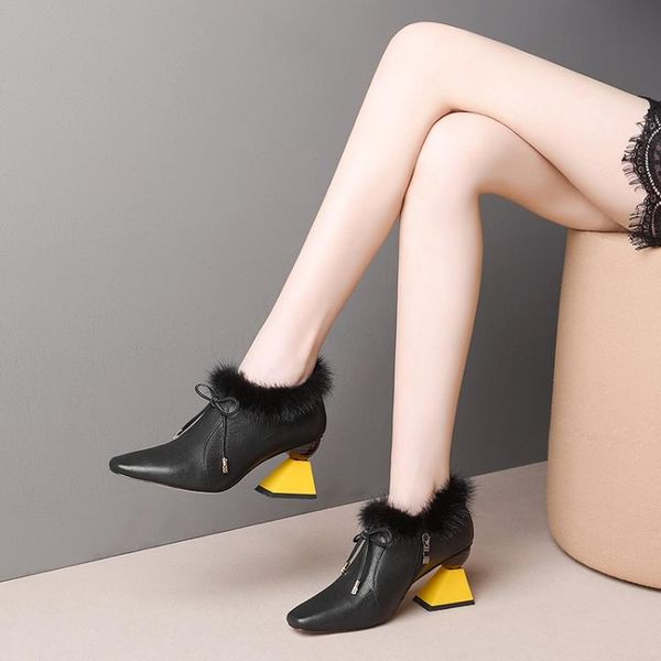 

dress shoes mljuese 2021 women pumps cow leather winter short plush pointed toe black color lace up high heels party size 34-43