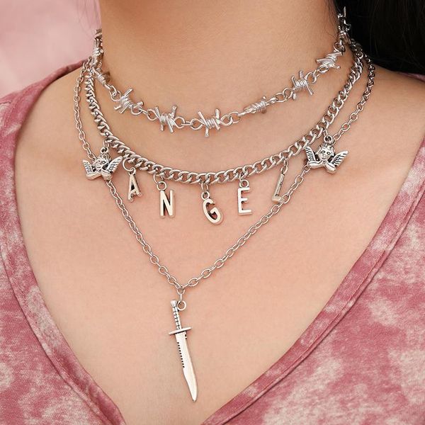 Кулон ожерелья Sindlan 3 слоя панк серебро цвет цепи ожерелье для женщин хип-хоп ангел письма женское эмо мода ювелирные изделия Bijoux Femme