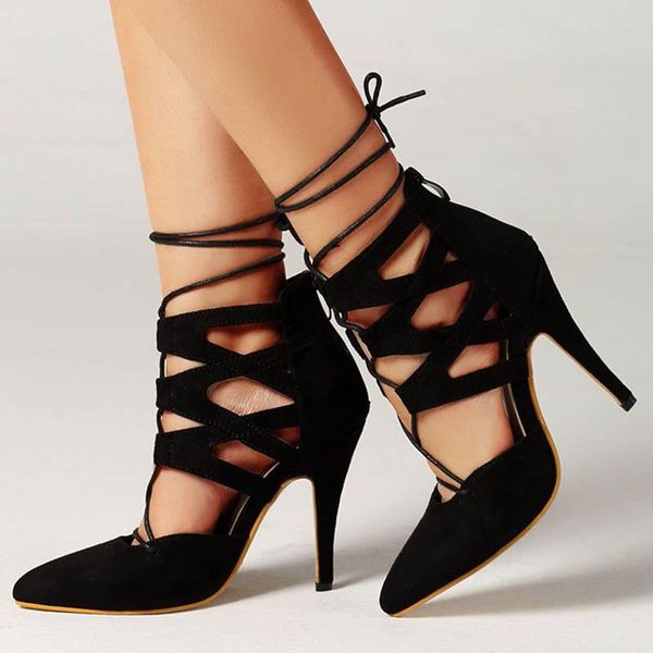 

dress shoes 2021 night club cut out lace up pumps woman pointed toe zip tacones european sandals stiletto super high heels women 35-42, Black