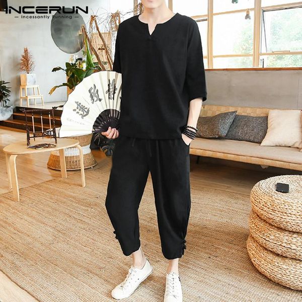 

men's tracksuits chinese style suits incerun men solid cotton sets half sleeve v neck drawstring pants 2 pieces masculina vintage s-5x, Gray