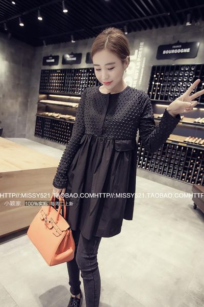 

maternity dresses elegant o-neck collar solid black skirt a-line dress korean fashion spring pregnancy clothes for pregnant women, White
