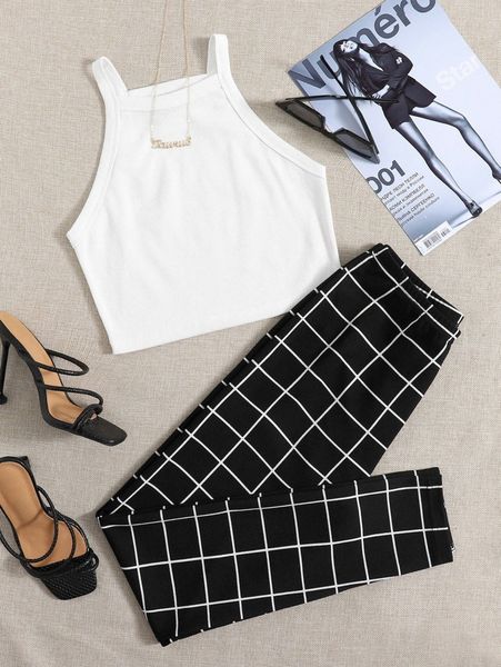 

crop cami & grid leggings set w92i#, White