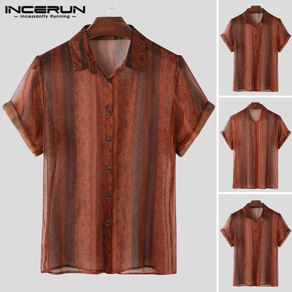 

men fashion printed shirts casual short sleeve lapel camisa loose floral mesh blusas summer harajuku s-5xl incerun men's, White;black