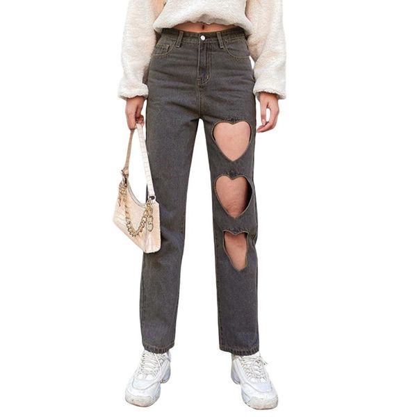 

women's jeans 2021 women fashion straight-leg jeans, adults solid color hollow out love pants with pocket belt loop,grey, Blue