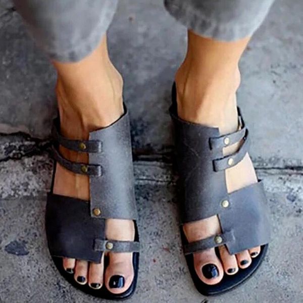 

sandals women's pu rivet open-toe flat 2021 summer outdoor vacation beach shoes comfortable casual, Black