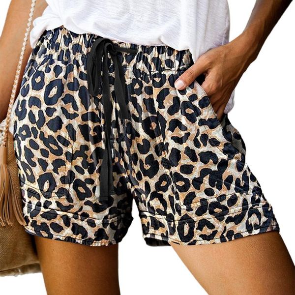 Pantaloncini larghi casuali a vita alta da donna estivi Solido stampa leopardata allacciatura per ragazze giovani Costumi da bagno con tasca da donna