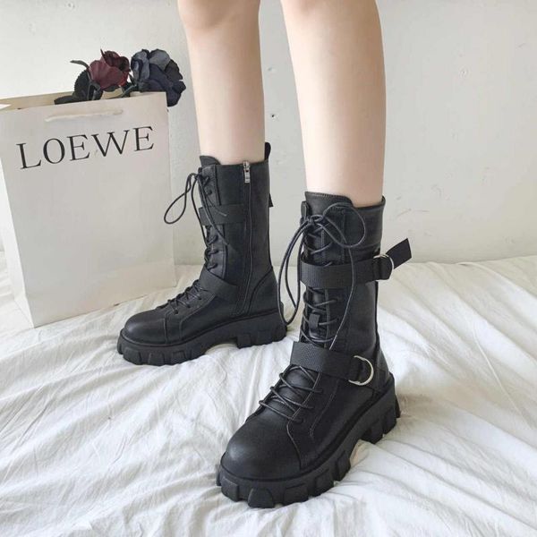 

boots fashion women's thick-soled leather pu motorcycle women winter shoes short mid-calf botas, Black