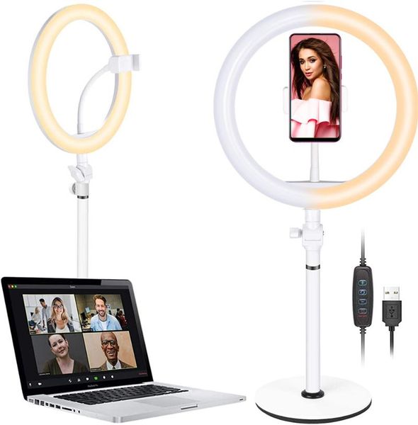 

flash heads selfie ring light 10" dimmable deskled circle with stand/phone holder/3 modes for video conference/live stream