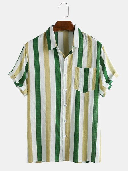 

men's casual shirts men clothing 2021 summer striped print lapel short sleeve fashion camisas para hombre, White;black