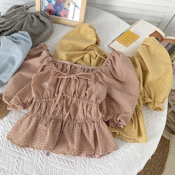 

summer retro plaid folds lace up slim slimming ruffled puff sleeve short shirt women 210709, White