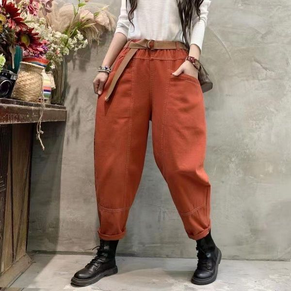 

women's jeans 2021 arrival autumn women patchwork ankle-length pants loose casual elastic waist cotton denim harem w645, Blue