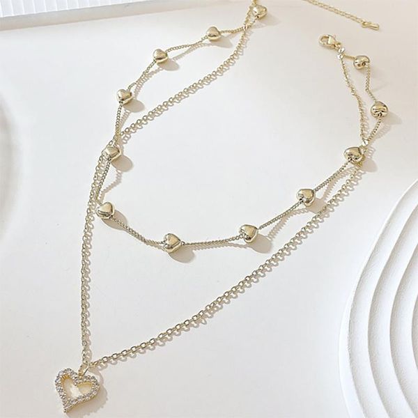 

chains 14k gold-plated copper double-layer love inlaid heart-shaped zircon clavicle chain multi-layer dazzling ladies shiny necklace, Silver