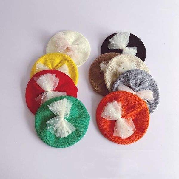 

caps & hats cute berets baby girl knitted hat woolen cap sweet pearl bow bright color autumn and winter children gift casual style1, Yellow