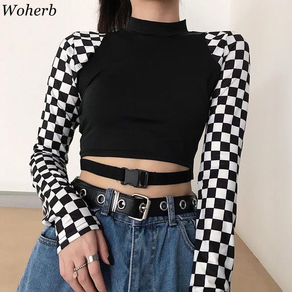 

women's t-shirt woherb korean harajuku cro t shirt women plaid checkerboard contrast color 2021 fashion streetwear slim patch tees, White