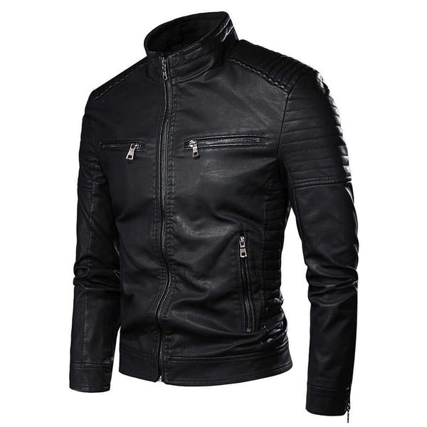 

men autumn outfit fashion biker pocket design pu leather jacket men spring motorcycle causal vintage leather jacket coat 211009, Black